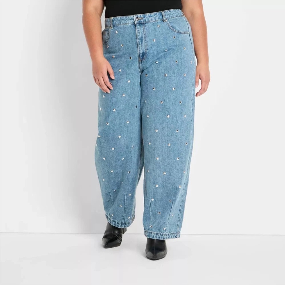 Women's Mid-Rise Studded Barrel Leg Jeans - Future Collective Blue Denim 17